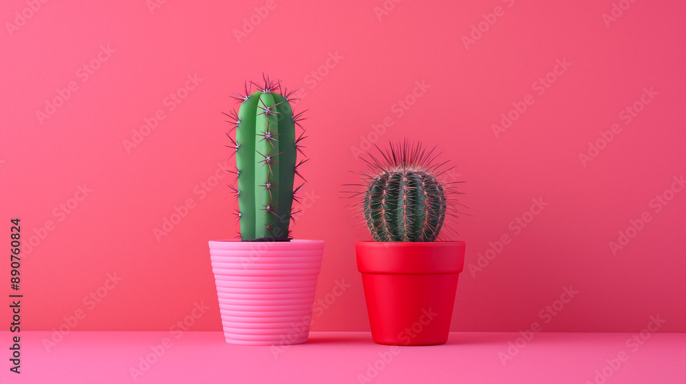 Two potted cactus plants against a pink background. Two potted cactus plants against a pink background.
