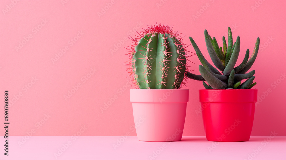 Two potted cactus plants against a pink background. Two potted cactus plants against a pink background.