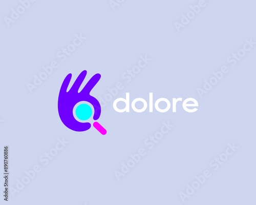 Hand and magnifying glass logo. Creative research look inspect concept. Vector illustration.