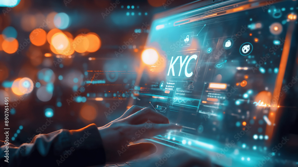 Person using a futuristic interface for KYC (Know Your Customer) verification. Person using a futuristic interface for KYC (Know Your Customer) verification.