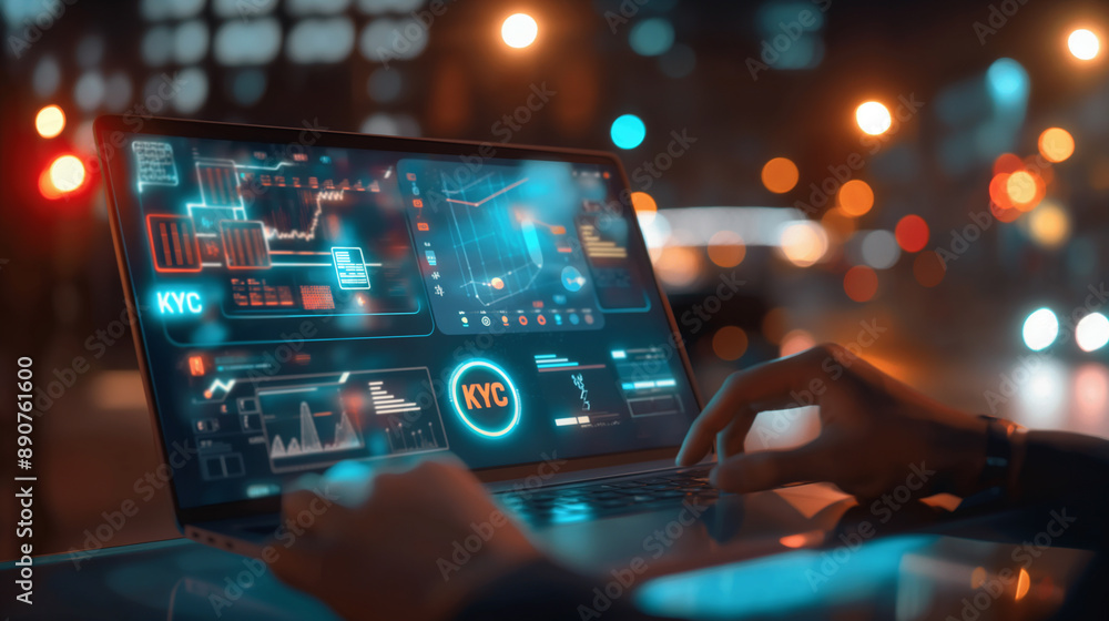 Person using a futuristic interface for KYC (Know Your Customer) verification. Person using a futuristic interface for KYC (Know Your Customer) verification.