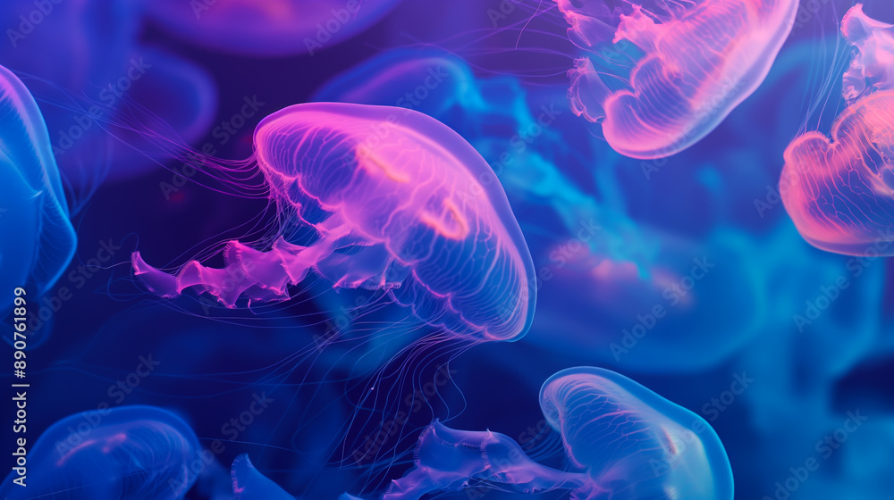 Glowing jellyfish floating in deep ocean waters. Glowing jellyfish floating in deep ocean waters.