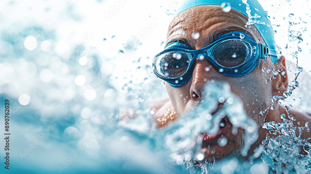 Naklejka premium Close-up of a swimmer with goggles underwater.