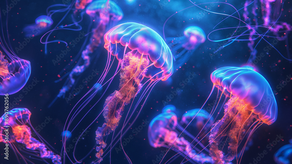 Fototapeta premium Glowing jellyfish floating in deep ocean waters.