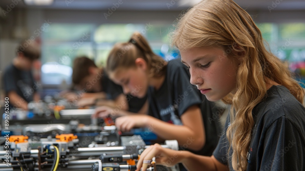 A high school robotics team working on their project, promoting STEM education and teamwork A high school robotics team working on their project, promoting STEM education and teamwork