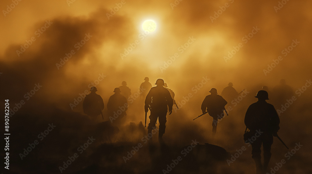 Fototapeta premium Soldiers running through a smoky battlefield at sunset.