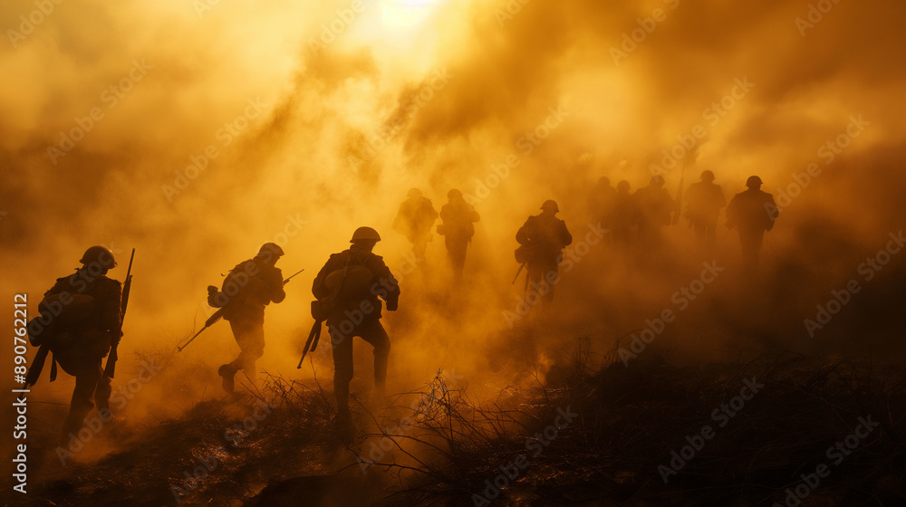Soldiers running through a smoky battlefield at sunset. Soldiers running through a smoky battlefield at sunset.