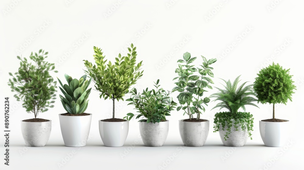 Assortment of potted green plants isolated on white. Modern, minimalist design elements. 3D vector illustration. Assortment of potted green plants isolated on white. Modern, minimalist design elements. 3D vector illustration.