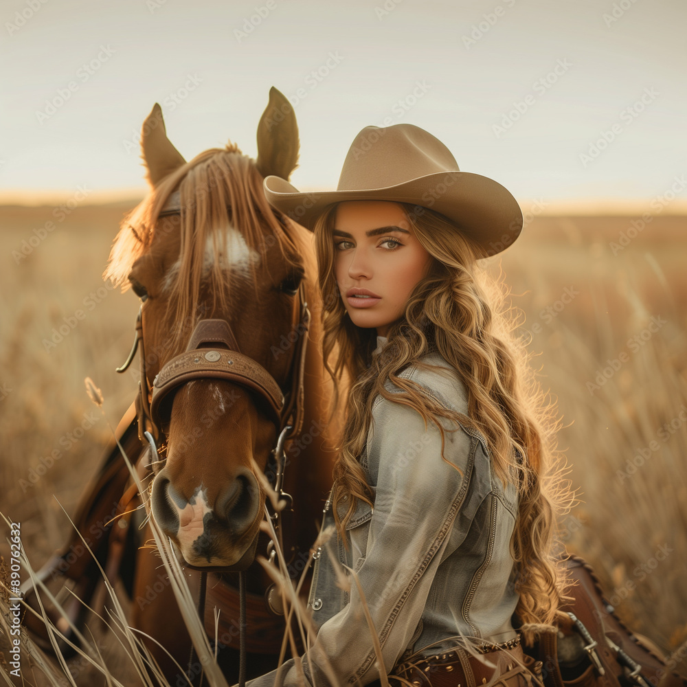 Obraz premium Cowgirl posing on prairie with horse portrait