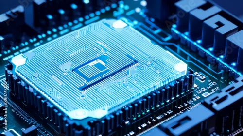 Wallpaper Mural Dynamic Close-up of Futuristic Translucent Processor Connecting with Socket and Motherboard. Next Generation Microchip Activating and Powering System. High Performance GPU Chip in Blue Neon Light. Torontodigital.ca