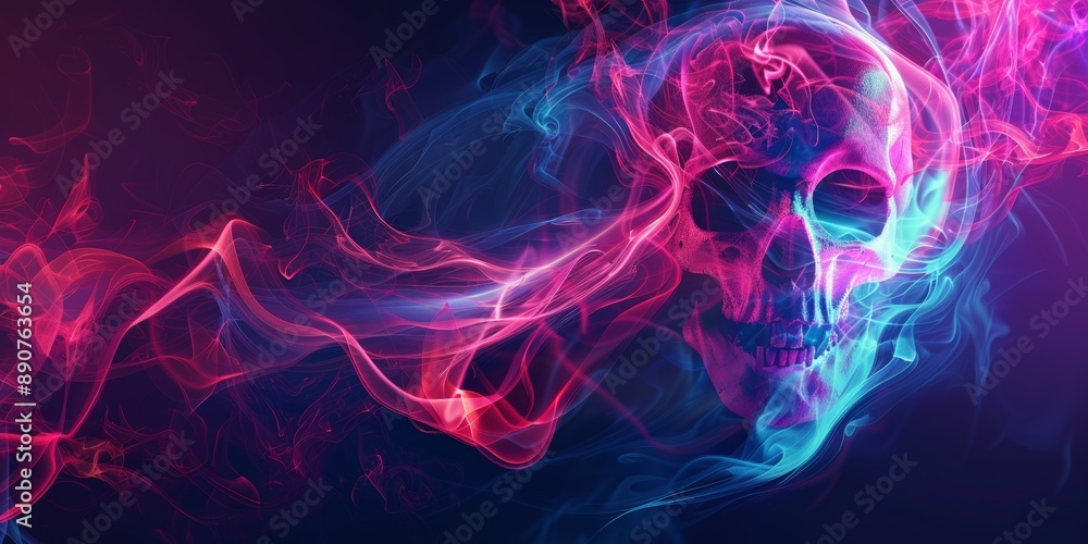 The vibrant halloween skull, surrounded by colorful smoke and misty background, evoking a spooky, eerie atmosphere, halloween background concept The vibrant halloween skull, surrounded by colorful smoke and misty background, evoking a spooky, eerie atmosphere, halloween background concept