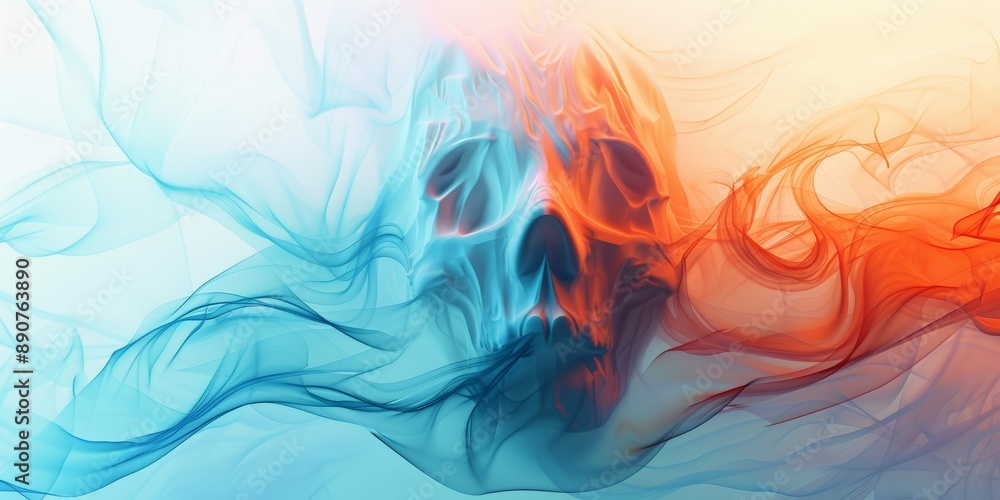 The fusion of blue and red fiery smoke creates an ethereal skull-like mist, conveying a sense of duality, art concept The fusion of blue and red fiery smoke creates an ethereal skull-like mist, conveying a sense of duality, art concept