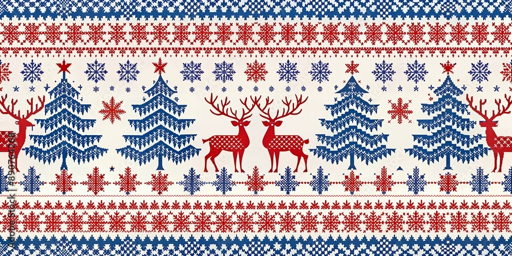 A festive Christmas pattern featuring red and blue deer and a tree, with copy space, with empty space A festive Christmas pattern featuring red and blue deer and a tree, with copy space, with empty space