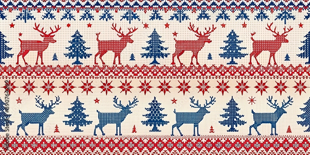 A festive Christmas pattern featuring red and blue deer and a tree, with copy space, with empty space A festive Christmas pattern featuring red and blue deer and a tree, with copy space, with empty space
