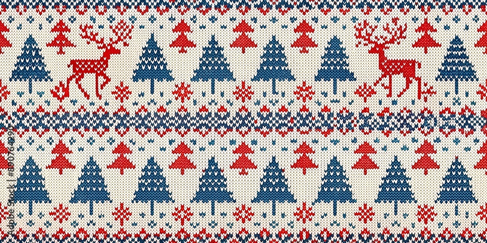 A festive Christmas pattern featuring red and blue deer and a tree, with copy space, with empty space A festive Christmas pattern featuring red and blue deer and a tree, with copy space, with empty space