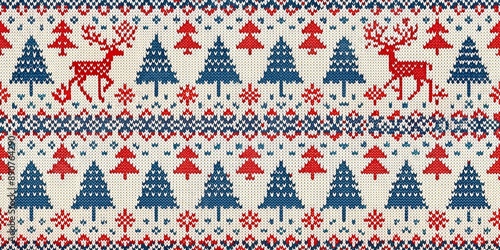 A festive Christmas pattern featuring red and blue deer and a tree, with copy space, with empty space