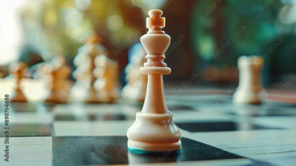 Chess pieces on board, focus white king, blurred background Chess pieces on board, focus white king, blurred background