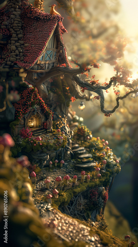 Fairytale village diorama with adorable houses with tiled roofs. Fantasy magical forest with fairy village. Miniature 3D diorama wallpaper background.