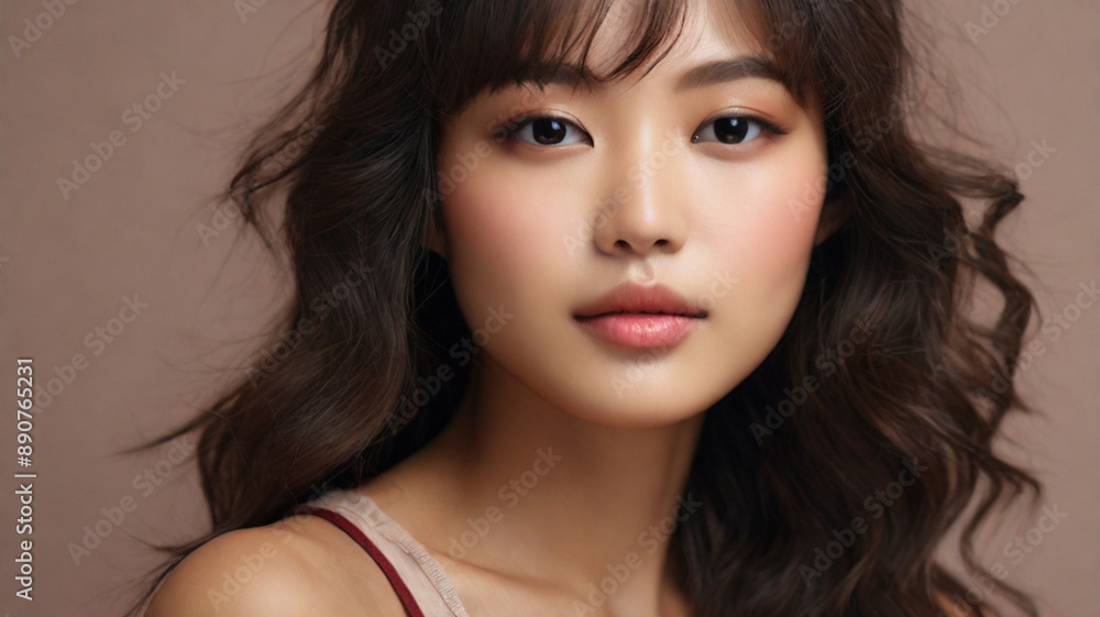 Studio portrait of gorgeous Asian young woman with fresh glowy skin, subtle make up and healthy wavy hair with bangs Studio portrait of gorgeous Asian young woman with fresh glowy skin, subtle make up and healthy wavy hair with bangs