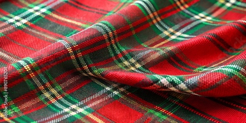 Festive red and green plaid fabric with subtle sheen, featuring classic Christmas tartan pattern with intricate woven design, perfect for holiday crafting projects.