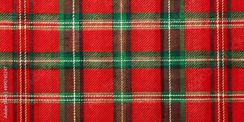 Festive red and green plaid fabric with subtle sheen, featuring classic Christmas tartan pattern with intricate woven design, perfect for holiday crafting projects.