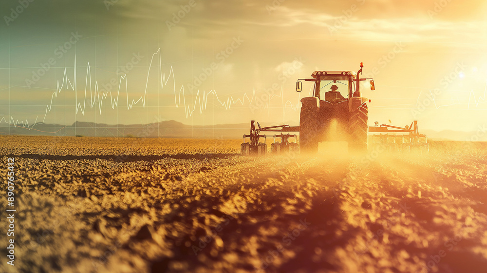 Fototapeta premium Tractor in field at sunset with superimposed stock market charts.