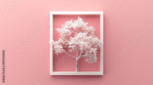 Clean design of a softwood tree with white crown on light pink background, framed in white. Environmental concept.  photo