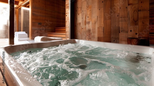 This image portrays a rustic indoor hot tub situated in a cabin featuring wooden interiors, evoking a sense of relaxation and warmth, with soft lighting enhancing the cozy atmosphere.