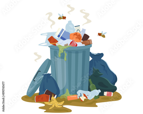 Metal garbage container with unsorted trash. Decaying garbage and trash bags left lying around dump that smells ugly and started to decompose. Vector Illustration isolated on white.