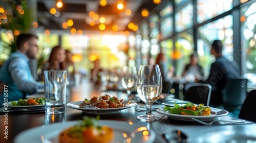 Elegant coworkers enjoying business lunch at modern office cafe, diverse group including biracial and Hispanic individuals, colorful plates, warm lighting, relaxed atmosphere.