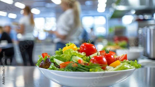 Fresh and colorful salad bowl in modern office cafe, business professionals enjoying lunch break, healthy eating, vibrant atmosphere, summer season. Copy space.