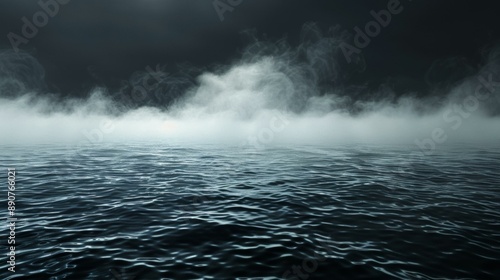 Mysterious foggy seascape with tranquil dark waters and thick white mist, creating an ethereal and enigmatic atmosphere. Copy space.