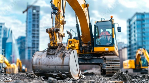 Powerful yellow crawler excavator digging into gravel at modern construction site with skyline in background, showcasing heavy machinery in action.