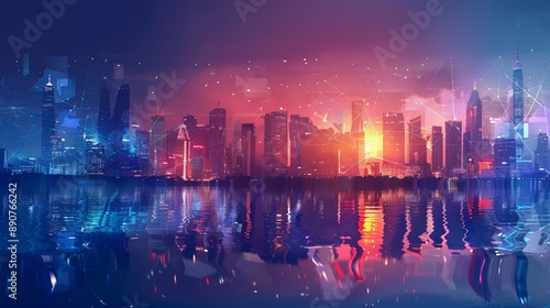 Creative polygonal mesh design of a waterfront city skyline suitable for wallpaper Concept of smart cities and web network connectivity #890766242