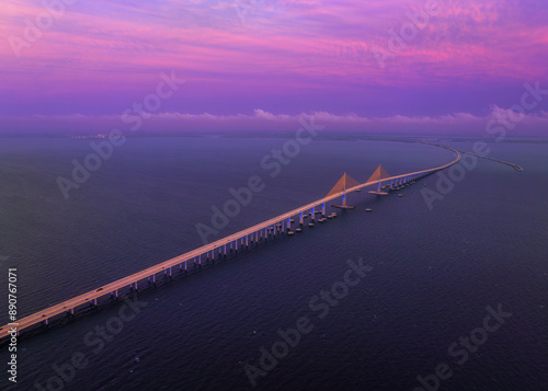 Aerial view on Sunshine Skyway bridge at sunrise