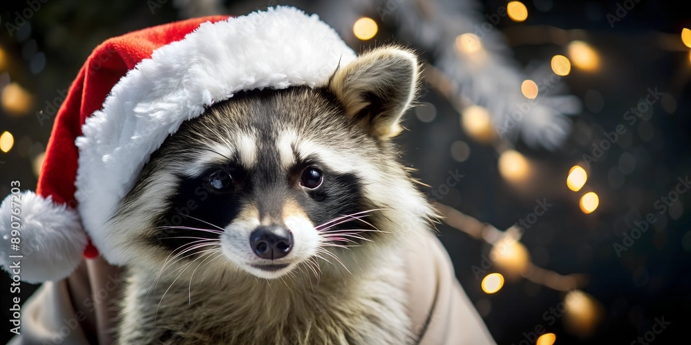 Single light gray raccoon dressed in cozy winter attire, perfect for Christmas Single light gray raccoon dressed in cozy winter attire, perfect for Christmas