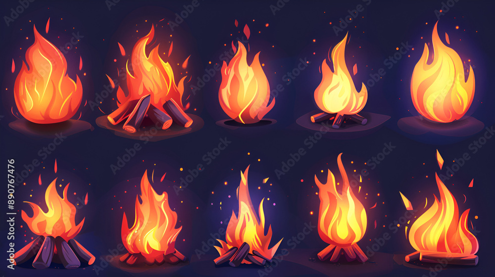 campfire cartoon. Isolated vector graphic set with fire flames, dazzling fireball, heat from a wildfire, red hot bonfire, and campfire. Fireball and flame, animated form and square campfire cartoon. Isolated vector graphic set with fire flames, dazzling fireball, heat from a wildfire, red hot bonfire, and campfire. Fireball and flame, animated form and square