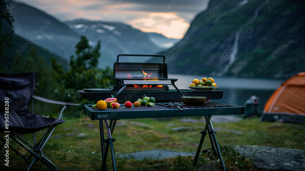 Outdoor, dusk, sunset, mountains and rivers in the distance, in the center a neatly equipped camping table, with a barbecue grill on the table Outdoor, dusk, sunset, mountains and rivers in the distance, in the center a neatly equipped camping table, with a barbecue grill on the table