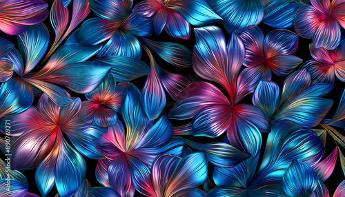 Seamless vibrant iridescent fantasy floral pattern on black background. Generative ai © designermetin