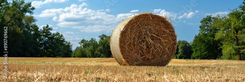 A large bale of hay sits in the middle of an open field with trees and a blue sky in the background The golden straw is stacked into one big round shape Generative AI