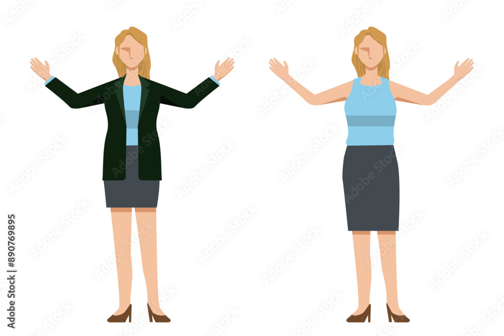 8頭身のフラットデザインの白人系女性ビジネスマン、両手をあげるポーズのイラストセット 8頭身のフラットデザインの白人系女性ビジネスマン、両手をあげるポーズのイラストセット