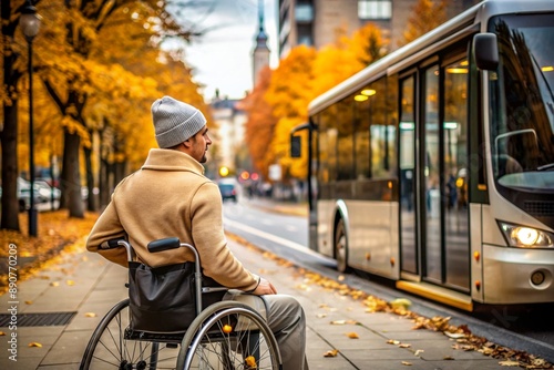 A man in a wheelchair is waiting for a bus in the autumn city. The movement of people with limited mobility and the problem with ramps. Disability. Medicine, life insurance and healthcare.