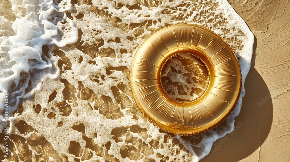 Top View of a gold inflatable Swimming Ring on the Beach Top View of a gold inflatable Swimming Ring on the Beach