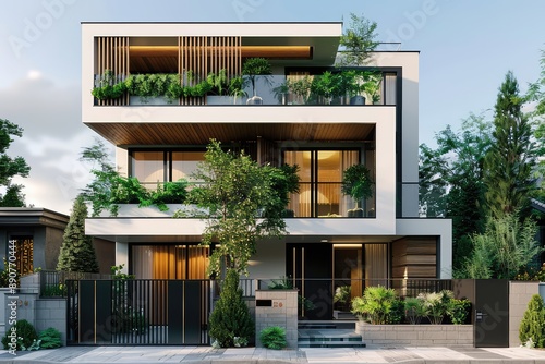 Beautiful modern house exterior with grass field Modern residential district