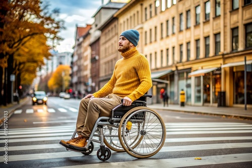 Wallpaper Mural A man in a wheelchair is driving through an autumn city. Movement of people with limited mobility. Disability. Health problems. Medicine, life insurance and healthcare. Torontodigital.ca
