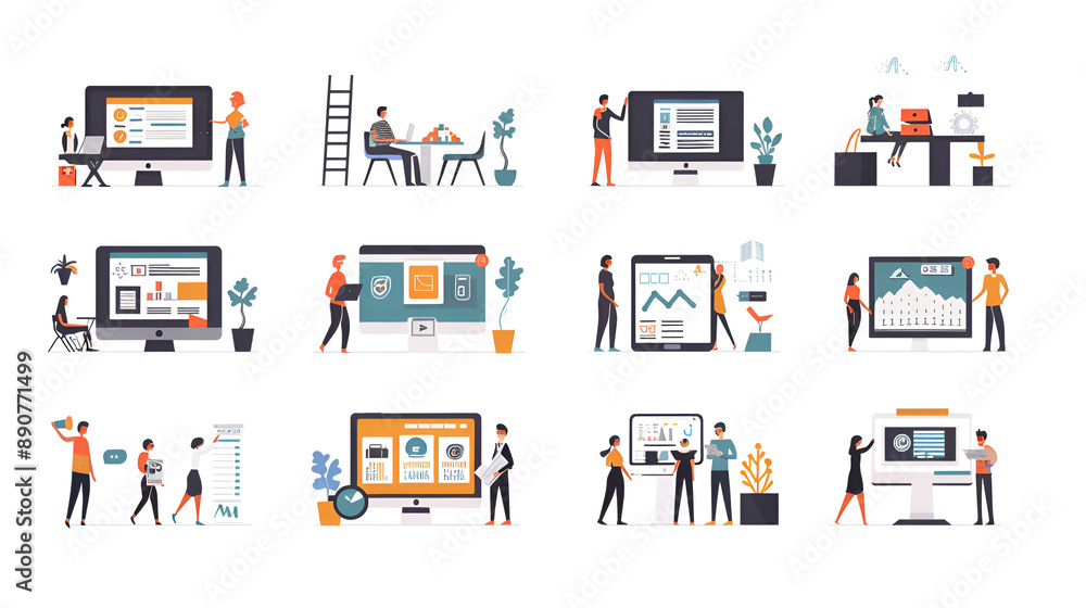 examples of concepts in digital marketing. Vector images show a group of people engaged in various online marketing, site and app development, SEO, and social media activities. examples of concepts in digital marketing. Vector images show a group of people engaged in various online marketing, site and app development, SEO, and social media activities.