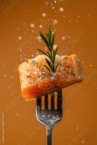 Morceau de saumon piqué sur une fourchette avec un brin de thym photo