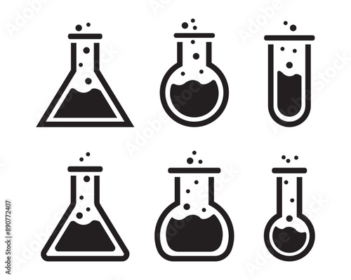 Lab flasks test icon set, flasks for chemical experiments. Glass flask for alchemy, magic drinks. Science laboratory icons. Chemistry icon.