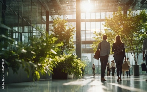 Blurred background of people walking in a modern office building with green trees and sunlight , eco friendly and ecological responsible business concept image with copy space