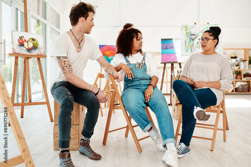 Artist, friends and painter in studio talking of ideas and course or class in workshop for learning. Young group of creative people in art gallery, academy or discussion for painting tips or advice
